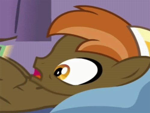 Size: 499x377 | Tagged: suggestive, artist:tiarawhy, derpibooru import, button mash, earth pony, pony, animated, bed, colt, foal, hat, implied blowjob, implied foalcon, implied oral, implied sex, lip bite, male, on back, pillow, propeller hat, show accurate, show accurate porn, solo, teeth, tongue out