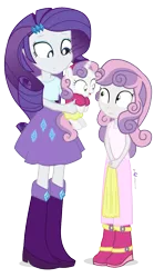 Size: 625x1125 | Tagged: safe, artist:dm29, derpibooru import, rarity, sweetie belle, pony, equestria girls, cute, diasweetes, equestria girls outfit, holding a pony, human ponidox, julian yeo is trying to murder us, not sure if want, pony pet, raribetes, simple background, transparent background, trio, weirded out
