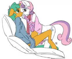Size: 1477x1206 | Tagged: suggestive, artist:overkenzie, derpibooru import, snails, sweetie belle, anthro, arm warmers, clothes, female, glitter shell, hoodie, imminent sex, panties, panties around legs, panties pulled down, pink underwear, scarf, shellbelle, strategically covered, underwear
