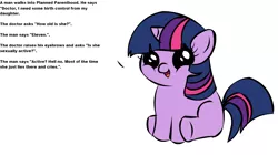 Size: 1194x668 | Tagged: semi-grimdark, suggestive, derpibooru import, twilight sparkle, pony, unicorn, exploitable meme, filly, filly twilight sparkle, filly twilight telling an offensive joke, implied rape, meme, obligatory pony, planned parenthood, solo, text, vulgar, we are going to hell