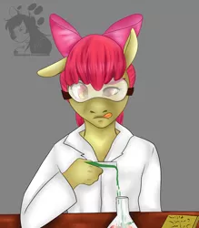 Size: 3000x3426 | Tagged: safe, artist:kdjade, derpibooru import, apple bloom, anthro, clothes, goggles, high res, lab coat, science, solo