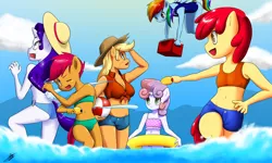 Size: 2500x1500 | Tagged: anthro, apple bloom, applejack, artist:skecchiart, belly button, bikini, breasts, clothes, cooler, cutie mark crusaders, derpibooru import, female, floaty, freckles, front knot midriff, hat, midriff, ocean, one-piece swimsuit, rainbow dash, rarity, safe, scootaloo, shorts, squirt gun, sweetie belle, swimsuit, watergun, water pistol