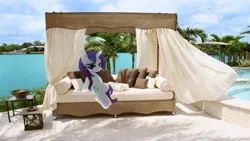 Size: 1920x1080 | Tagged: artist:abydos91, artist:mr-kennedy92, bedroom eyes, breeze, building, couch, derpibooru import, irl, messy mane, outdoors, palm tree, photo, pillow, ponies in real life, rarity, shadow, solo, suggestive, tree, vector