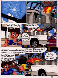 Size: 1389x1863 | Tagged: artist:newyorkx3, car, comic, comic:twilight and the big city, fire, ford, ford crown victoria, human, oil barrel, pickup truck, safe, taxi, traditional art