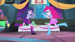 Size: 1280x720 | Tagged: safe, derpibooru import, screencap, pinkie pie, twilight sparkle, equestria girls, rainbow rocks, shake your tail, balloon, basketball net, boots, bracelet, clothes, cup, derp, high heel boots, jewelry, punch (drink), punch bowl, skirt, table