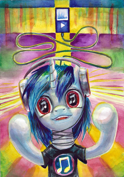 Size: 1637x2335 | Tagged: safe, artist:kaermter, derpibooru import, vinyl scratch, pony, bipedal, color porn, music player, psychedelic, solo, surreal, traditional art, wires