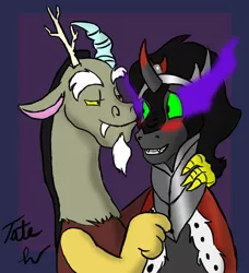 Size: 732x803 | Tagged: artist:tateshaw, blushing, derpibooru import, discord, gay, king sombra, male, safe, shipping, sombracord