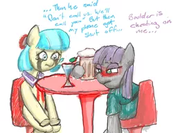 Size: 990x765 | Tagged: 4chan, artist:redanon, cheating, coco pommel, crying, derpibooru import, drinking, drunk, maud pie, requested art, running makeup, sad, safe