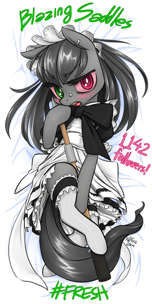 Size: 750x1500 | Tagged: artist:reavz, ask blazing saddles, bloodshot eyes, blushing, body pillow, body pillow design, clothes, derpibooru import, female, heterochromia, maid, oc, oc:blazing saddles, solo, solo female, suggestive, unofficial characters only