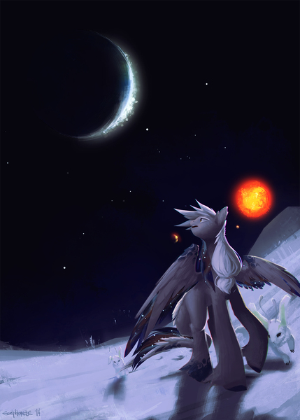 Size: 1250x1750 | Tagged: animal, artist:eosphorite, derpibooru import, looking up, moon, oc, safe, solo, space, sun, unofficial characters only