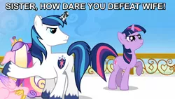 Size: 896x504 | Tagged: defeated, derpibooru import, frown, funny, glare, half life full life consequences, horn crystals, image macro, magic suppression, meme, princess cadance, raised hoof, safe, screencap, scrunchy face, shining armor, sister, the crystal empire, twilight sparkle, wat, wife