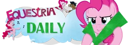 Size: 1000x350 | Tagged: safe, artist:giuliabeck, derpibooru import, cranky doodle donkey, pinkie pie, donkey, earth pony, pony, equestria daily, a friend in deed, banner, check, felt