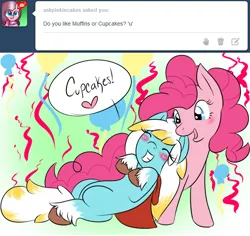 Size: 636x600 | Tagged: artist:tomomifox95, ask, blushing, derpibooru import, grin, oc, oc:red hood, pinkie pie, safe