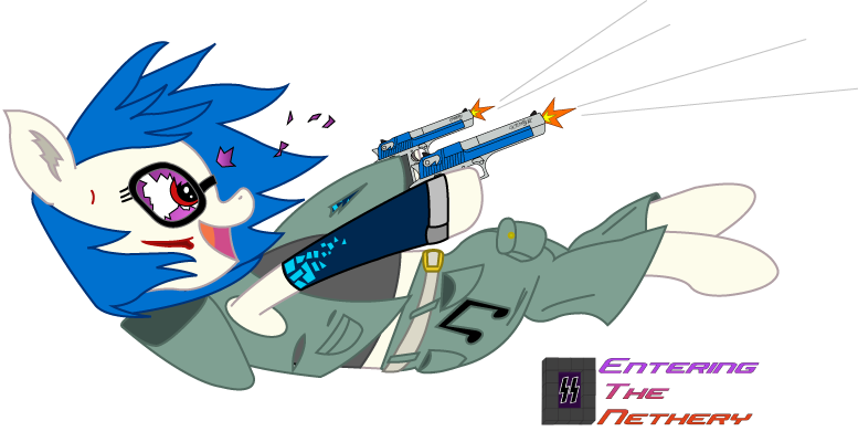 Size: 777x400 | Tagged: safe, artist:enteringthenethery, derpibooru import, vinyl scratch, pony, unicorn, background pony, broken glasses, cut, desert eagle, dual wield, female, gun, guns akimbo, mare, missing horn, muzzle flash, pistol, solo