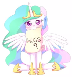 Size: 1515x1615 | Tagged: safe, artist:sion, derpibooru import, princess celestia, alicorn, pony, blushing, bronybait, cute, cutelestia, female, hug, hug request, looking at you, mare, mouth hold, note, scroll, simple background, sitting, smiling, solo, spread wings, white background