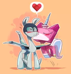 Size: 1280x1336 | Tagged: safe, artist:herny, derpibooru import, oc, oc:scramjet, original species, plane pony, pony, crack shipping, crossover, kissing, lego, plane, shipping, the lego movie, unikitty