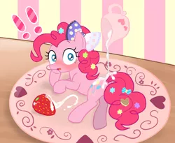 Size: 1234x1013 | Tagged: safe, artist:momo, derpibooru import, pinkie pie, pony, askharajukupinkiepie, blushing, cream, cute, diapinkes, female, food, implied vore, looking at you, mare, pinup, plate, pony as food, pouring, solo, strawberry