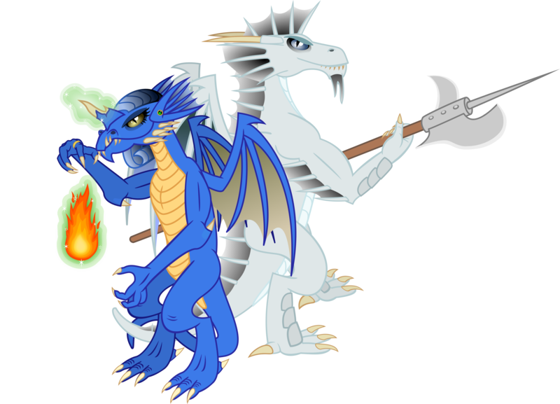 Size: 3000x2165 | Tagged: artist:cheezedoodle96, blue dragon, chromatic dragon, derpibooru import, dragon, dragon oc, dungeons and dragons, duo, fire, fireball, halberd, magic, magic aura, metallic dragon, oc, safe, silver dragon, simple background, teenaged dragon, transparent background, unofficial characters only, vector