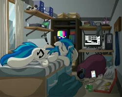 Size: 4170x3300 | Tagged: safe, artist:template93, derpibooru import, octavia melody, vinyl scratch, pony, unicorn, apartment, beanbag chair, bed, bed mane, city, clothes, computer, cute, eyes closed, female, floppy ears, food, headphones, mare, meat, messy mane, pepperoni, pepperoni pizza, phone, pizza, plushie, record player, side, sleeping, smiling, socks, solo, stereo, underhoof, vinylbetes, window