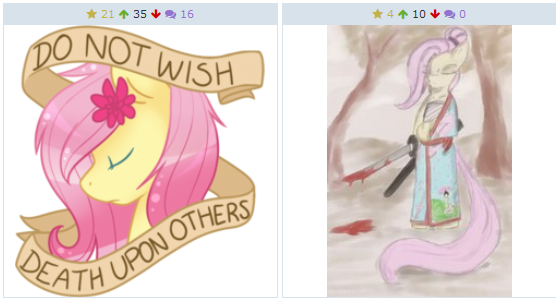 Size: 556x300 | Tagged: semi-grimdark, derpibooru import, fluttershy, pony, derpibooru, bandage, banner, bipedal, blood, clothes, death, eyes closed, flower, flower in hair, irony, japanese, juxtaposition, juxtaposition win, katana, kimono (clothing), meta, mouthpiece, samurai, solo, sword, weapon, wish