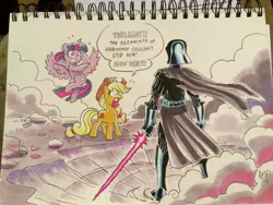 Size: 1024x768 | Tagged: safe, artist:tonyfleecs, derpibooru import, applejack, twilight sparkle, twilight sparkle (alicorn), alicorn, pony, crossover, darth vader, female, lightsaber, mare, star wars, traditional art