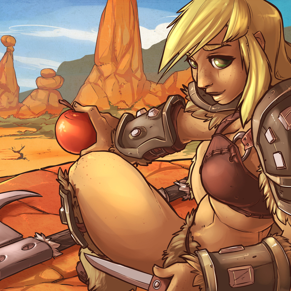 Size: 1689x1688 | Tagged: apple, applejack, armor, artist:atryl, axe, cropped, derpibooru import, freckles, human, humanized, knife, looking at you, safe, scar, smiling, solo, unconvincing armor, weapon