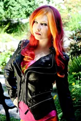 Size: 640x960 | Tagged: safe, artist:littlemissbloo, derpibooru import, sunset shimmer, human, equestria girls, clothes, cosplay, irl, irl human, leather jacket, outdoors, photo, solo