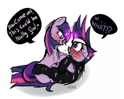 Size: 1280x1024 | Tagged: suggestive, artist:misspolycysticovary, derpibooru import, twilight sparkle, pony, unicorn, bedroom eyes, blushing, clothes, crying, exclamation point, eye contact, female, floppy ears, future twilight, heart, hornboner, interrobang, lesbian, magic, nervous, now neither of us will be virgins, on back, on top, open mouth, question mark, self ponidox, selfcest, simple background, torn clothes, twolight, unicorn twilight, white background, wide eyes