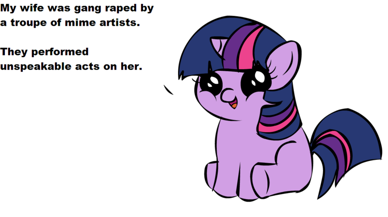 Size: 1194x668 | Tagged: derpibooru import, exploitable meme, filly, filly twilight sparkle, filly twilight telling an offensive joke, meme, mime, obligatory pony, pun, rape, semi-grimdark, solo, suggestive, text, twilight sparkle, vulgar, we are going to hell, word play