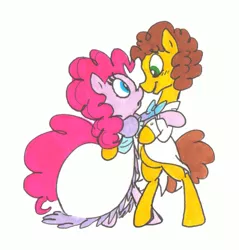 Size: 1286x1344 | Tagged: safe, artist:frankilew, derpibooru import, cheese sandwich, pinkie pie, pony, bipedal, cheesepie, clothes, dancing, dress, female, male, shipping, straight, suit, traditional art