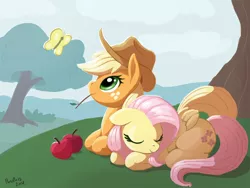 Size: 1000x750 | Tagged: safe, artist:pusspuss, derpibooru import, applejack, fluttershy, butterfly, earth pony, pegasus, pony, apple, appleshy, female, food, lesbian, mare, outdoors, shipping, sleeping