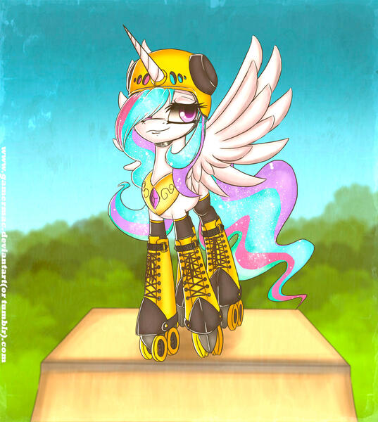 Size: 1700x1900 | Tagged: artist:gamermac, clothes, derpibooru import, helmet, ponies in roller skates, princess celestia, roller skates, safe, socks, solo