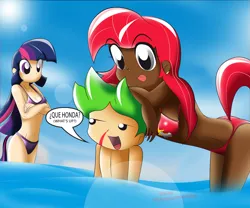 Size: 7087x5906 | Tagged: absurd resolution, artist:ryured, bikini, breasts, clothes, cutie mark swimsuit, derpibooru import, female, human, humanized, human spike, male, nosebleed, oc, purple swimsuit, red swimsuit, spike, spike gets all the mares, straight, suggestive, swimsuit, tailed humanization, twilight sparkle, underwear