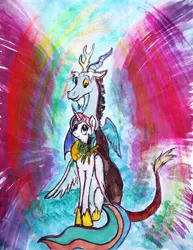 Size: 1024x1324 | Tagged: safe, artist:tielgar, derpibooru import, discord, princess celestia, dislestia, female, flower, male, shipping, straight, traditional art