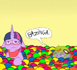 Size: 500x453 | Tagged: safe, artist:flow3r-child, derpibooru import, spike, twilight sparkle, ball pit, bazinga, clothes, glasses, scarf, the big bang theory