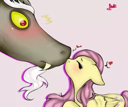 Size: 3000x2500 | Tagged: safe, artist:kyoraayako, derpibooru import, discord, fluttershy, blushing, boop, cute, discoshy, eyes closed, female, floppy ears, heart, interspecies, kissing, male, noseboop, shipping, straight, surprise kiss, surprised, wide eyes