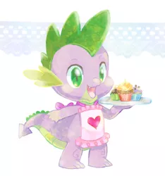 Size: 468x500 | Tagged: dead source, safe, artist:fuyuse leka, derpibooru import, spike, dragon, apron, baby, baby dragon, clothes, cupcake, cute, fangs, green eyes, male, naked apron, pixiv, simple background, solo, spikabetes, tray, white background