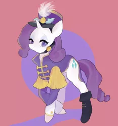 Size: 800x860 | Tagged: safe, artist:pongtang, derpibooru import, rarity, pony, unicorn, ancient wonderbolts uniform, boots, clothes, female, hat, mare, pink background, pixiv, sgt. rarity, shako, shoes, simple background, solo, uniform