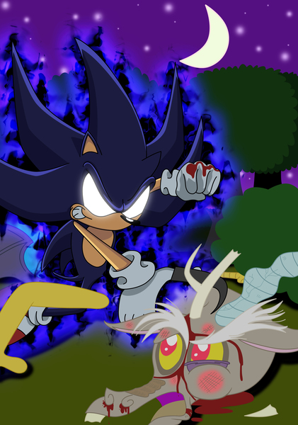 Size: 2460x3510 | Tagged: artist:lightdegel, blood, chaos in equestria, crossover, dark sonic, derpibooru import, discord, everfree forest, fanfic, fanfic art, fight, night, punch, semi-grimdark, sonic the hedgehog, sonic the hedgehog (series), sonic x, this will end in tears and/or death