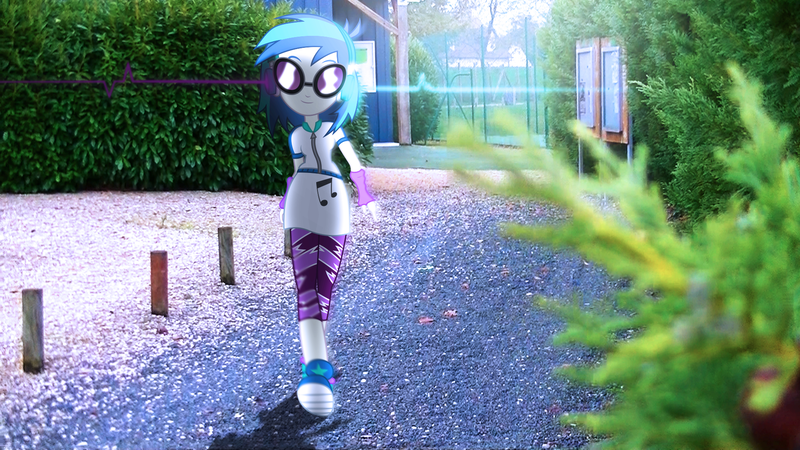 Size: 1920x1080 | Tagged: safe, artist:bastbrushie, artist:mrbarthalamul, derpibooru import, vinyl scratch, equestria girls, clothes, cutie mark on clothes, equestria girls in real life, female, france, headphones, lens flare, park, photo, solo, strut, sunglasses, vector, walking, walkway