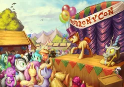 Size: 4961x3508 | Tagged: safe, artist:darthagnan, derpibooru import, apple bloom, applejack, berry punch, berryshine, derpy hooves, discord, fluttershy, lyra heartstrings, pinkie pie, spike, trixie, oc, bird, pegasus, pony, balloon, convention, female, happy, hat, laughing, mare, rubronycon, stage, tent, tree