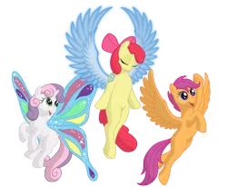 Size: 1920x1581 | Tagged: safe, artist:nebulastar985, derpibooru import, apple bloom, scootaloo, sweetie belle, alicorn, pony, artificial wings, augmented, butterfly wings, cutie mark crusaders, magic, magic wings, scootaloo can fly, wings