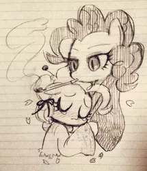 Size: 563x654 | Tagged: artist:momo, crying, cute, derpibooru import, diapinkes, duality, famihara, grayscale, lined paper, monochrome, pinkie pie, pipe, safe, self ponidox, smoking, traditional art