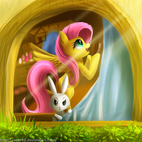 Size: 3543x3543 | Tagged: angel bunny, artist:seer45, curtain, derpibooru import, fluttershy, hairbrush, safe, window