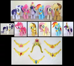 Size: 946x844 | Tagged: safe, artist:fireflytwinkletoes, derpibooru import, applejack, fluttershy, pinkie pie, rainbow dash, rarity, twilight sparkle, twilight sparkle (alicorn), alicorn, pony, big crown thingy, elements of harmony, female, irl, mare, photo, plushie, show accurate