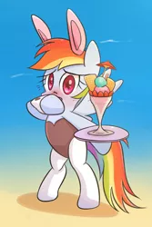 Size: 1000x1500 | Tagged: suggestive, artist:joycall6, derpibooru import, rainbow dash, pegasus, pony, beach, bipedal, blushing, bunny ears, bunny suit, clothes, female, ice cream, leotard, looking at you, mare, sand, solo, solo female, tray, waitress