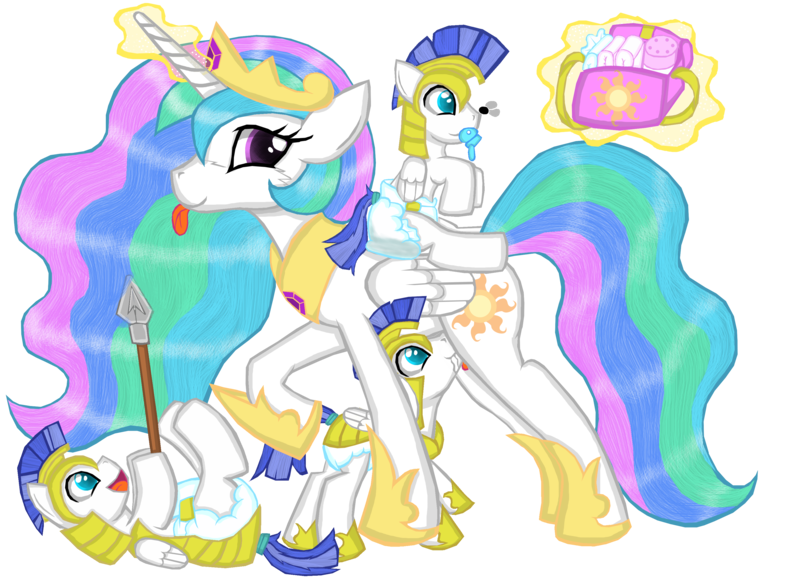 Size: 3341x2421 | Tagged: dead source, safe, artist:cuddlelamb, derpibooru import, princess celestia, :p, armor, baby, bag, breastfeeding, cute, cutelestia, diaper, diaper change, floppy ears, foal, hoof hold, legs in air, levitation, looking at you, magic, messy diaper, milk, momlestia, nonsexual nursing, nursing, on back, open mouth, pacifier, poofy diaper, poop, raised hoof, royal guard, sitting, smiling, spear, suckling, telekinesis, tongue out, weapon, younger