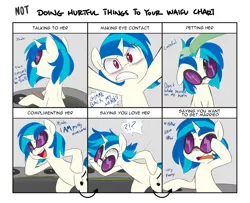 Size: 1600x1300 | Tagged: safe, artist:adequality, artist:jessy, derpibooru import, vinyl scratch, oc, oc:anon, pony, accessory theft, blushing, dialogue, doing loving things, exclamation point, interrobang, meme, open mouth, question mark, tsundere, turntable, waifu