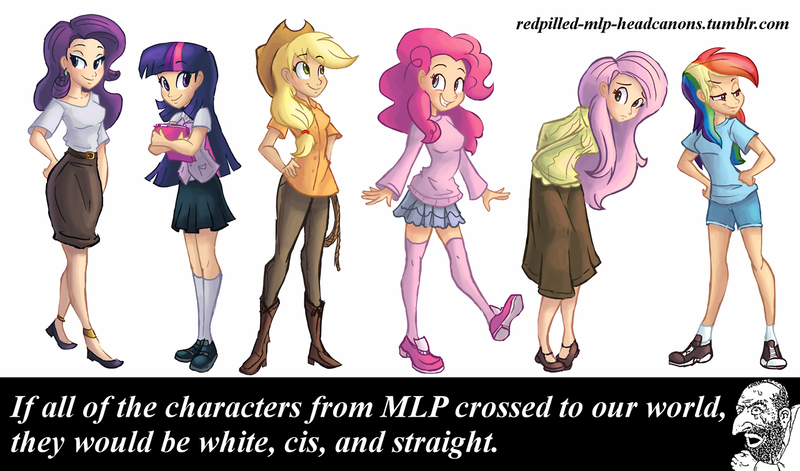 Size: 1280x753 | Tagged: antisemitism, applejack, artist:ric-m, cis, clothes, derpibooru import, fluttershy, headcanon, human, humanized, jew, le happy merchant, mane six, pinkie pie, racism, rainbow dash, rarity, redpilled-mlp-headcanons, safe, skirt, twilight sparkle