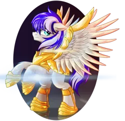 Size: 1586x1534 | Tagged: safe, artist:ruhisu, derpibooru import, oc, pegasus, pony, armor, commission, gold, male, rearing, royal guard, solar sentinal, soldier, stallion